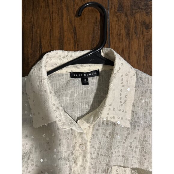 Blue Blush White Sequin Button-Up Collared Shirt Small - Picture 4 of 6